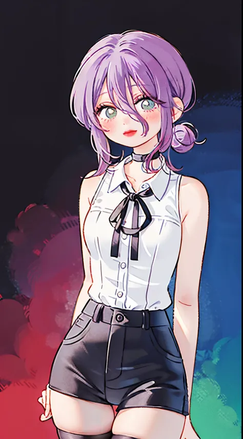 (masterpiece, best quality:1.2), cowboy shot, solo, looking at viewers, 1girl, reze, purple hair,  hair between eyes, green eyes, shirt, ((white shirt)), tie, black tie, chocker, black shorts, black knee-high