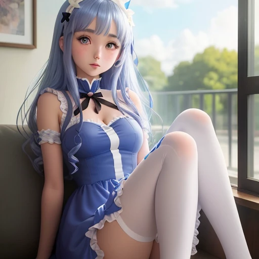 Una chica de anime super linda sentada con las piernas abiertas y con vestido corto rostro lindo y ojos azules