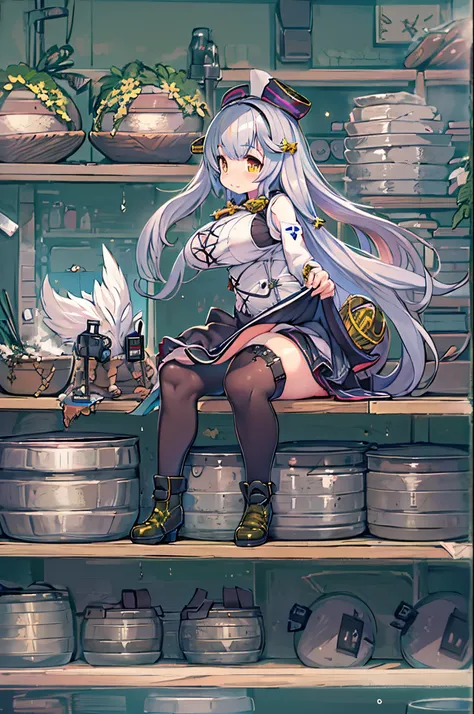 Anime girl sitting on a shelf with her back to the camera, Fine details. girls frontline, anime maids riding early tanks, Kantai Collection Style, azur lane style, from girls frontline, two beautiful anime girls, (SFW) safe for work, from the azur lane vid...