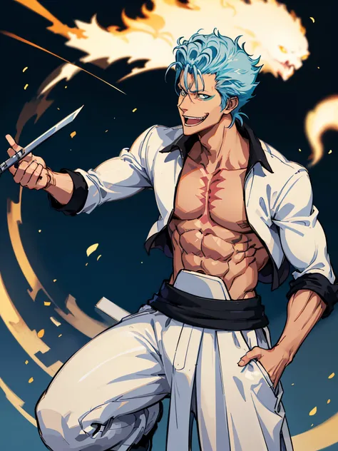 masterpiece, best quality, 1boy, grimmjow jaegerjaquez, at night, night, low light, natural light, fighting pose, white pants, white jacket, smiling with tongue out, damaged clothes, damaged skin, street, japanese street, low light, light rays, aura power,...