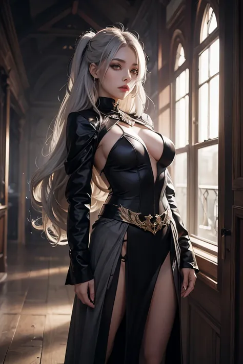 Female sorceress,grey hair,long hair,black eye,black and grey costume