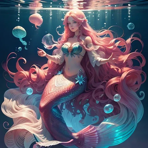 Long-haired colorful mermaid in the ocean, Crystal clear jellyfish marine life，Light texture，airbubble，beautiful digital illustration, beautiful gorgeous digital art, A beautiful artistic illustration, gorgeous digital art, stunning digital illustration, b...