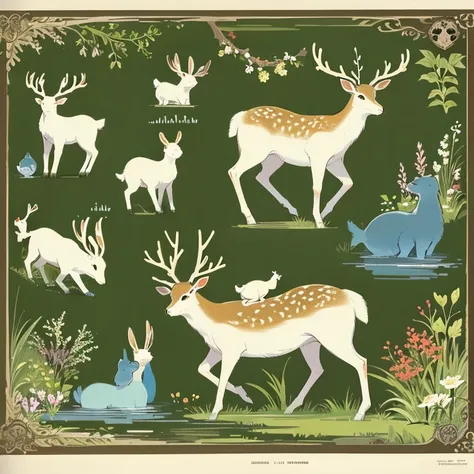 It is mainly green and white in color，In a forest，There are fish, deer and rabbits，Presented in the form of illustrated posters