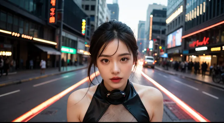 Cyberpunk City--50，Wandering Earth，The Car，Double eyelids 1 girl，Future city background，Save the world，extreme light，laser，Perfect hair，Perfect facial details，perfect facial expression，Perfect skin，True skin texture，Shoulders exposed，Technological equipmen...