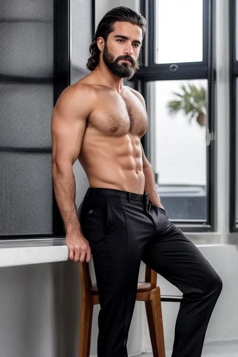 ((medio cuerpo)) Foto RAW CEO hombre sentado en una silla de oficina, vestido con pantalon  negro y torso descubierto, (usando barba oscura) Movie scene, (Impecable), hombre serio y elegante, con cejas masculinas gruesas, estilo hombre sexy, (con cara mist...