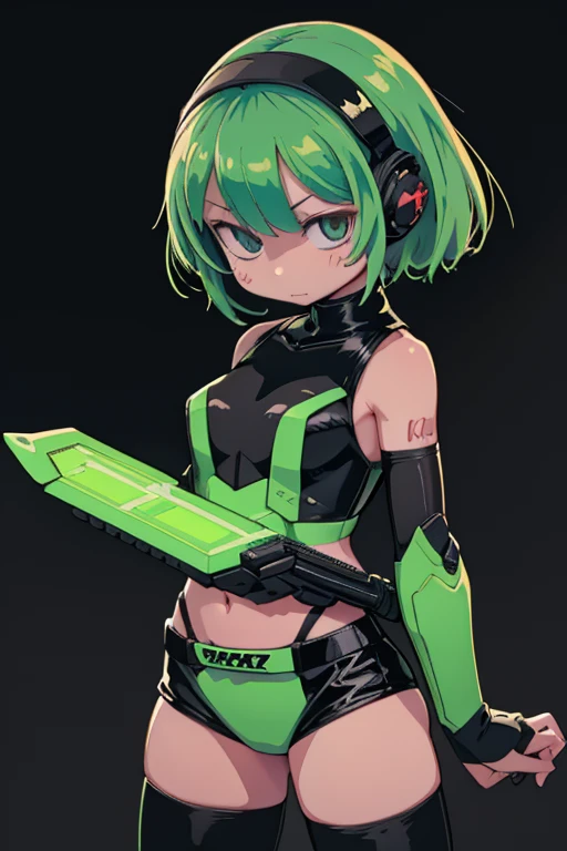 black and green kamen rider girl with sword, cyber punk theme