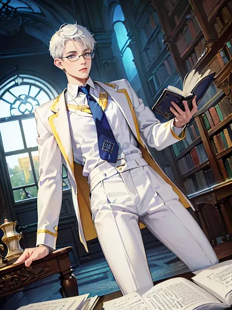 (absurdres, highres, ultra detailed)((16 year old male with short white hair, blue eyes, wearing eyeglasses, wearing white shirt, yellow necktie, and black pants, pose: reading a book))(background: warm lighting from windows, victorian library)