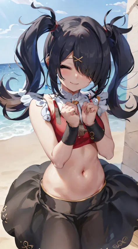 masterpiece, best quality, 1girl, solo, ame-chan, midriff, bare stomach, chubby stomach, black skirt, standing, light smile, happy, sky background, perfect hands, perfectly draw hands