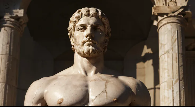 Greek white marble statue, with his serene and stubborn expression standing out in the gloom, simbolizando su terquedad ante las sombras de la vida, mostrando sus biceps, mirada dominante y sabia hacia al frente, Marco Aurelio STYLE, cinematics, realista, ...