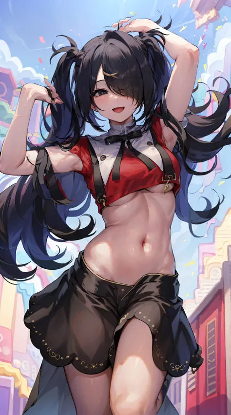 masterpiece, best quality, 1girl, solo, ame-chan, midriff, bare stomach, chubby stomach, black skirt, standing, light smile, happy, sky background, perfect hands, perfectly draw hands