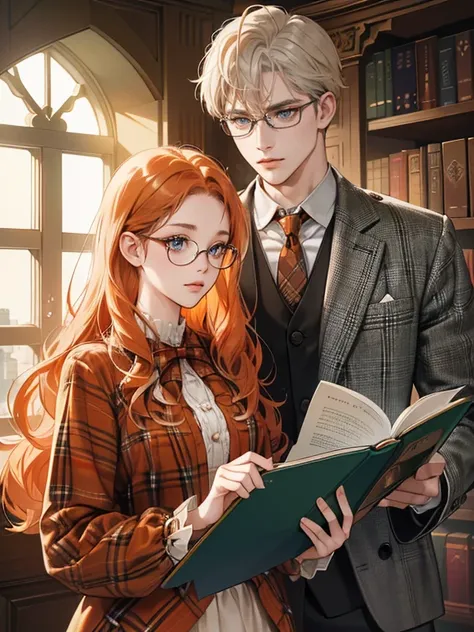 (absurdres, highres, ultra detailed)(couple wearing brown plaid uniform, reading book together in the library)(1 female, 1 male),(1 female with red-orange hair, long wavy hair without bangs, green eyes)(1 male with short white hair, blue eyes, wearing eyeg...