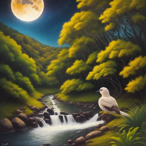 Pintura, natureza, arte, lua, noite.