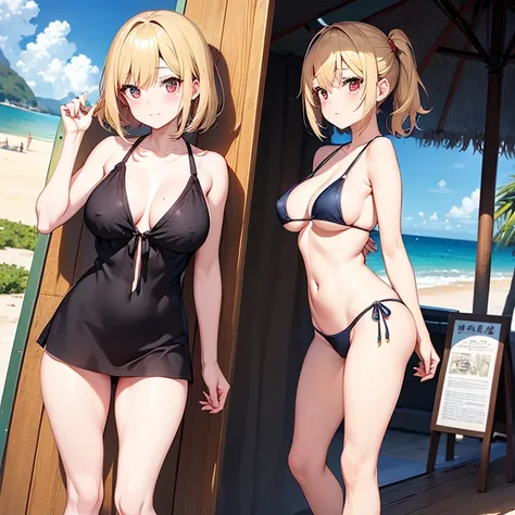 2D Anime Style、Red eyes、Adults、breasts are slightly larger、Blonde Shorthair、Cool and beautiful woman、Embarrassing、full body Esbian、the beach、Naru takes off her clothes and becomes half naked