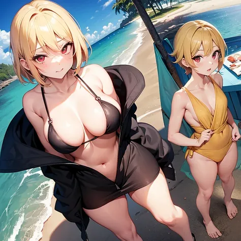 2D Anime Style、Red eyes、Adults、breasts are slightly larger、Blonde Shorthair、Cool and beautiful woman、Embarrassing、full body Esbian、the beach、Naru takes off her clothes and becomes half naked