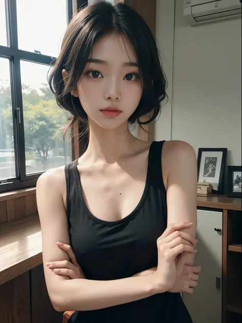 Girl in black tank top is angry with her arms crossed、bustup、Big、Korean Idols、Live action、Sauce order、Asian woman smiling at Alafe,、Young Pretty Gravure Idol, Young skinny gravure idol, Realistic Young Gravure Idol, Young Sensual Gravure Idol, Japanese Mod...