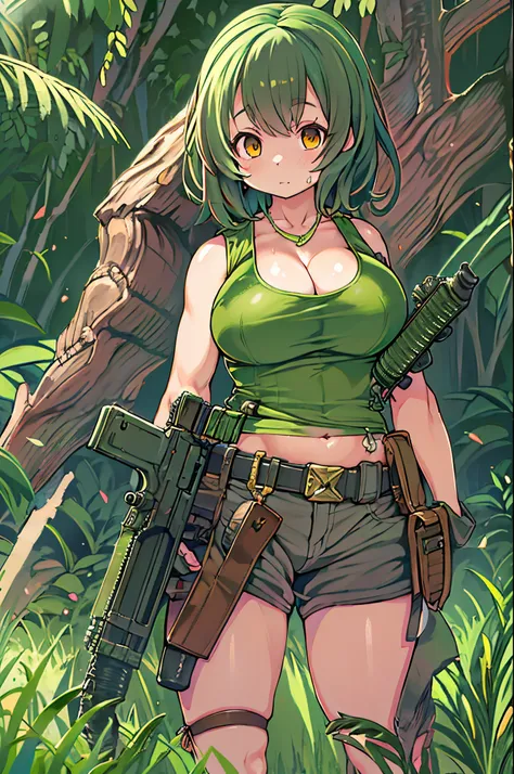 masutepiece、a 20-year-old woman wearing a green tank top holds a gun in a field., cute girl wearing a tank suit, gorgeous jungle...