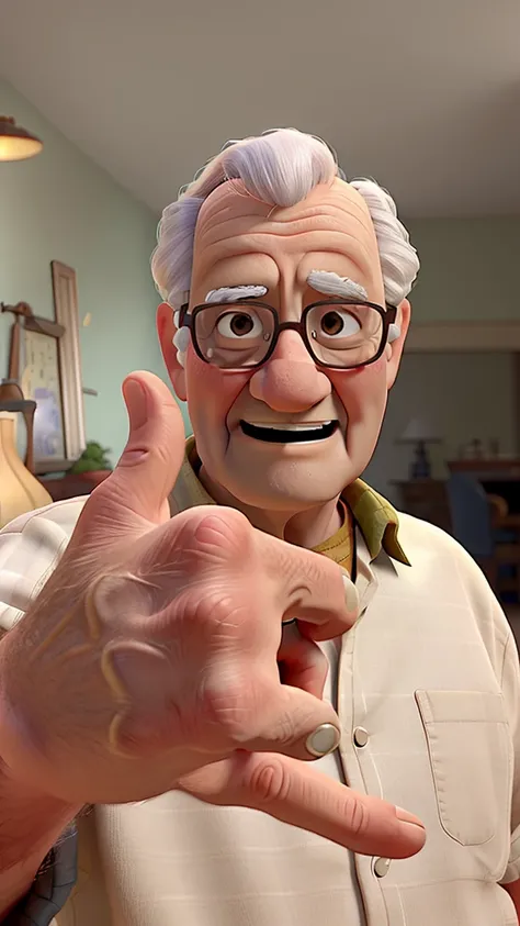 A very old man showing his hand Disney Pixar style best quality high quality