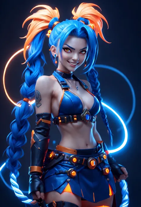 jinx1024, game character design，3d character rendering，(((pixar-style)))，league of legends jinx，((1girl，(blue double ponytail: 1...