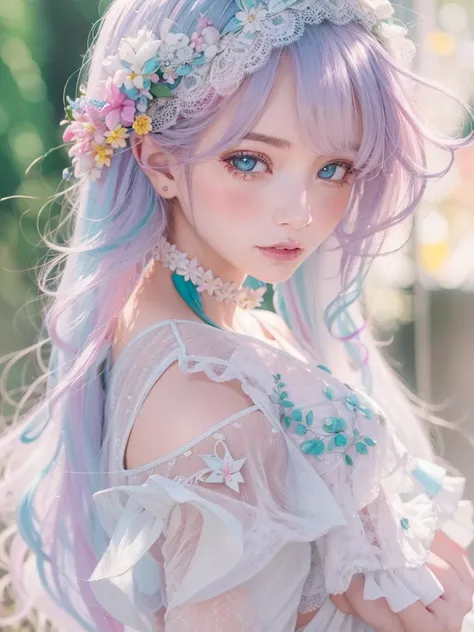 Close up portrait of woman with colorful hair and flower crown, colorful pastel, fairycore, ethereal beauty, sakimichan, aesthetic cute with flutter, ethereal fairy tale, Anime style mixed with Fujifilm, kawaii aesthetic, kawaii realistic portrait, Fantasy...