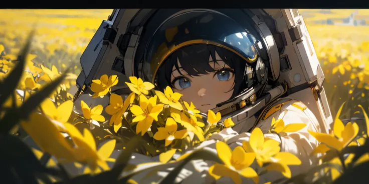 (masterpiece, best quality),cinematic composition, letterboxed, depth of field, solo focus, astronaut sitting in a field of yellow flowers with resting on the ground, gloves, yellow flower, black gloves, spacesuit, science fiction, sunlight, black hair, bl...