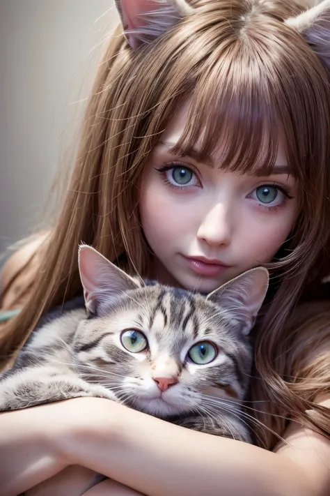 araffe with long hair holding a cat in her arms, big cheeks holding her cat, she is holding a cat in her arms, holding a cat, she has a cute face, with small cat on lap, beautiful young catgirl, better known as amouranth, very beautiful cute catgirl, amour...