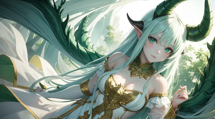 1 girl with green skin and horns, beautiful face, beautiful eyes, long hair, white dress, fantasy, masterpiece, high quality