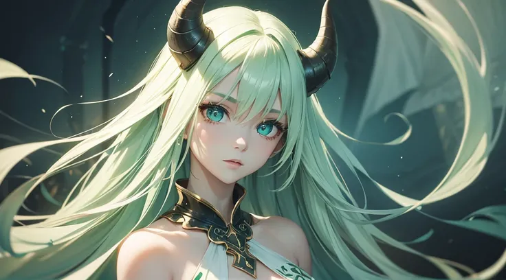 1 girl with green skin and horns, beautiful face, beautiful eyes, long hair, white dress, fantasy, masterpiece, high quality