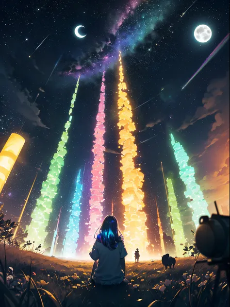 (((Degrade sky full of nebulas and comets and cascading lights with a small moon in the center))), extremely colorful, silhouette of a distant person on the ground with very green grass and a single rose, observing the starry sky, {paper extremely detailed...