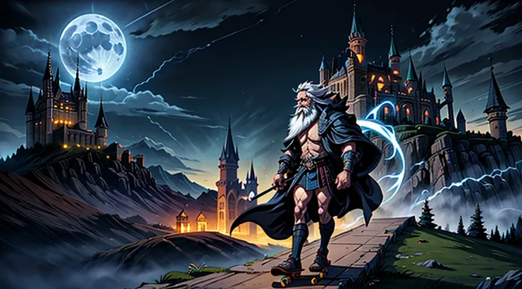 badass wizard riding a skateboard in front of a castle with a full moon in the background, old man, long beard, lightning, glowing runes, high quality, masterpiece