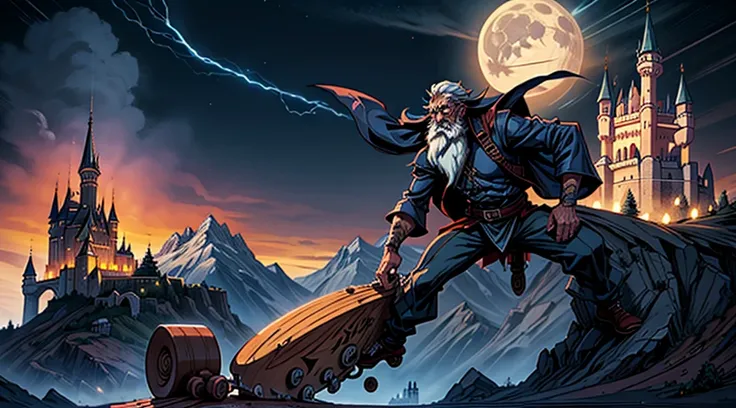 badass wizard riding a skateboard in front of a castle with a full moon in the background, old man, long beard, lightning, glowing runes, high quality, masterpiece