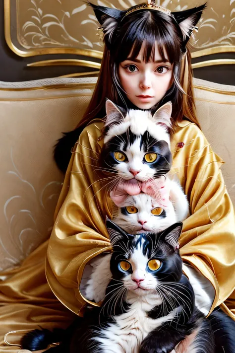 araffe with long hair holding a cat in her arms, big cheeks holding her cat, she is holding a cat in her arms, holding a cat, she has a cute face, with small cat on lap, beautiful young catgirl, better known as amouranth, very beautiful cute catgirl, amour...