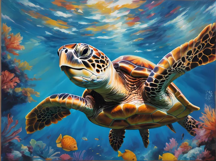 A breathtaking painting that brings to life the beauty and majesty of a sea turtle in its natural habitat. The artists skilled brushstrokes capture the turtles graceful movements and intricate details. The painting portrays the turtle swimming amidst vibra...