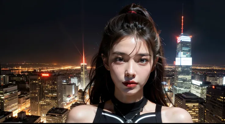 Cyberpunk city background--s1000，Wandering Earth，spaceship，Double eyelids 1 girl，Save the world，extreme light，laser，Perfect hair，Perfect facial details，perfect facial expression，Perfect skin，True skin texture，Shoulders exposed，Technological equipment，Faraw...