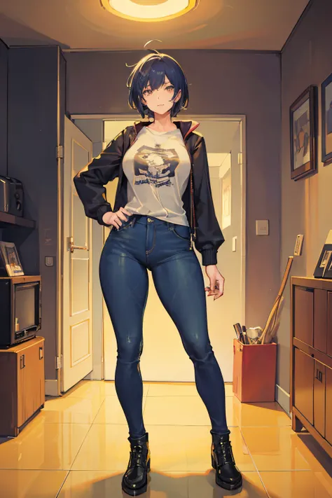 Woman anime, tomboy, short hair, tall woman, solo, long legs, thicc, jeans, stand up, room background.