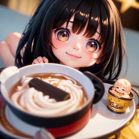 A small doll rests on the lid of a cup of noodles、A smile、Chibi Doll、Stars in the eyes（kirakira）、Eye Up、Long Black Hair、Laugh、Cute red shoes、Ultra Detail, radiant light、bio luminescent、Taken from the side、Stronger bokeh effect