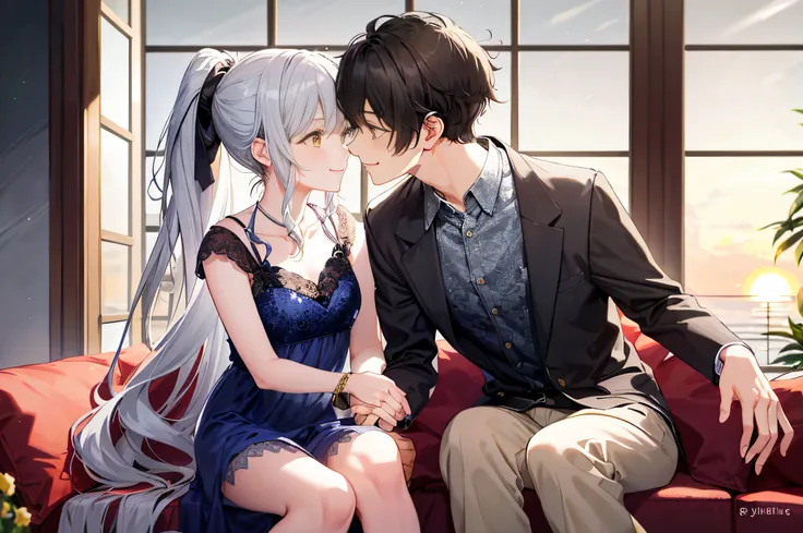 1 brown-eyed boy with short black hair in full spring suit and 1 silver wavy curly hair and messy ponytail Tall yellow eyes squirming girl in spring dress Juliet long smile smiling, (Boy with girl smiling), (Boy with girl smiling and loviling)