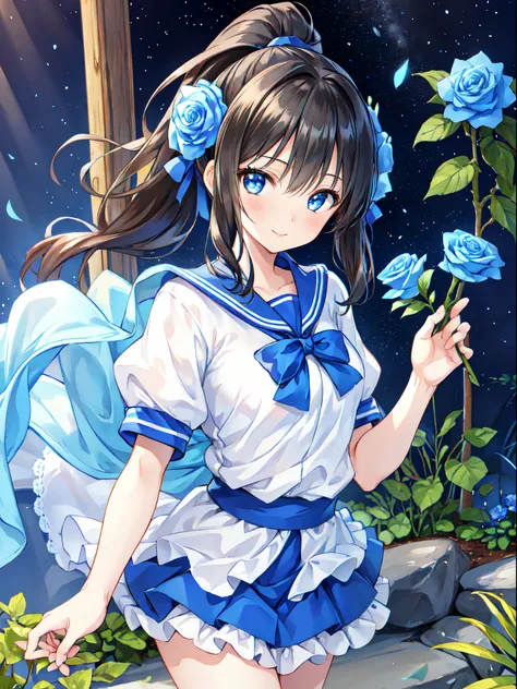 the blue rose fairy kisses the flower. That fairy is smaller than a flower. The neat costume gives off a mysterious luster. flower  field, Natural light,(Best Quality), (masutepiece:1.3), Ultra-detailed, Best Quality, masutepiece, (Game CG:1.4), NSFW, Deta...