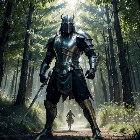 (a knight with a magical sword), metal armor, shiny armor, tall and muscular, fierce gaze, determined expression, standing in a mythical forest, beautiful sunlight filtering through the trees, misty atmosphere, ancient ruins in the background, emerald gree...