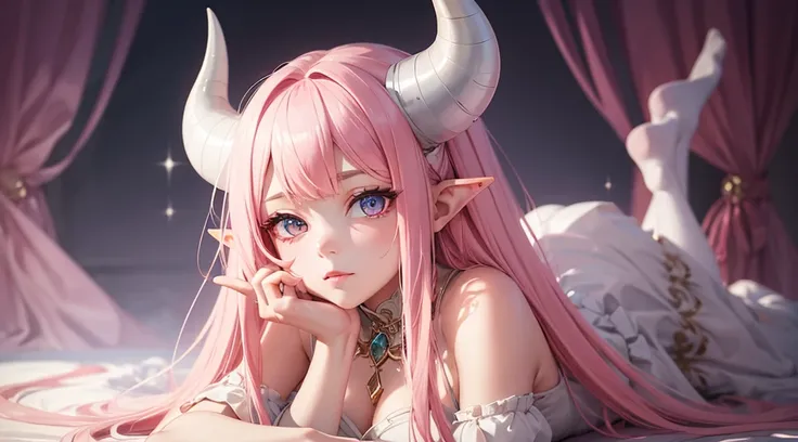 1 girl with horns, beautiful face, beautiful eyes, long pink hair, white dress, fantasy, masterpiece, high quality, pointed ears