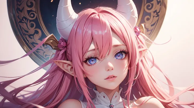 1 girl with horns, beautiful face, beautiful eyes, long pink hair, white dress, fantasy, masterpiece, high quality, pointed ears