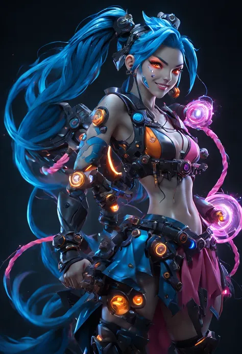 jinx1024, game character design，3d character rendering，(((vector illustration style)))，league of legends jinx，((1girl，(blue doub...