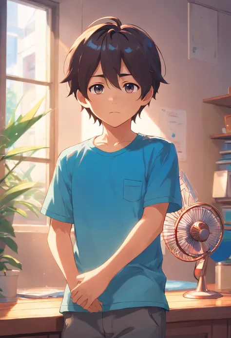 A cute little boy wearing a short-sleeved blue T-shirt and sweating profusely is holding a fan indoors without turning on the air conditioner.