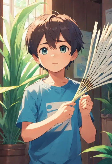 A cute little boy wearing a short-sleeved blue T-shirt and sweating profusely is holding a cattail leaf fan indoors