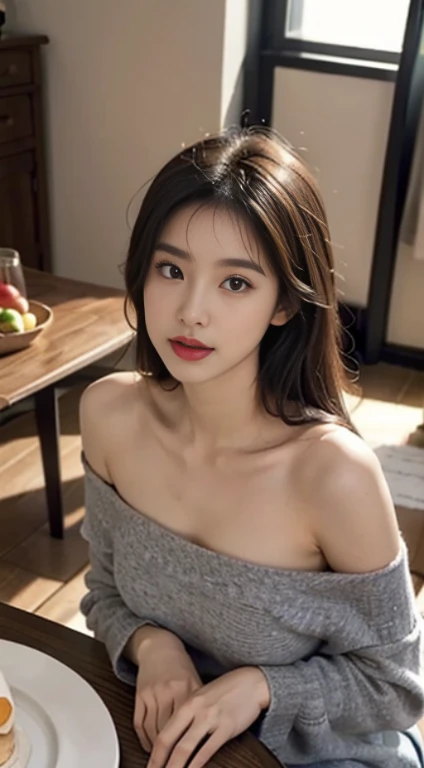 ((Luzes Realistas, Best quality, 8K, tmasterpiece:1.3)), tack sharp focus:1.2,Korean woman lying on luxurious table，Bushy hair，s delicate face，真实感，Wearing a gray dress，Gray short hip wrap dress，Off-the-shoulder style，clothes around neck，Wear it with black ...