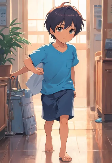 Cute little boy wearing a short-sleeved blue T-shirt, sweating profusely and soaked, holding a folding fan indoors