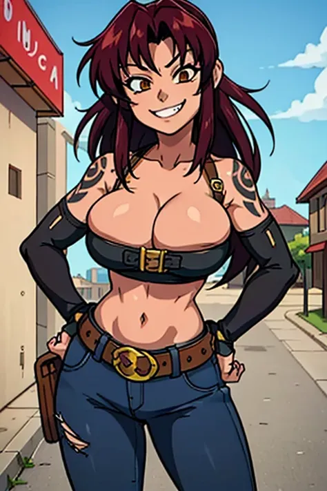 revy, arm tattoo, masterpiece, best quality, absurdres, 1girl, big breast, looking at viewer, standing, outdoors, street, hands on hips, teeth, grin, fang, cowboy shot, fingerless gloves, belt