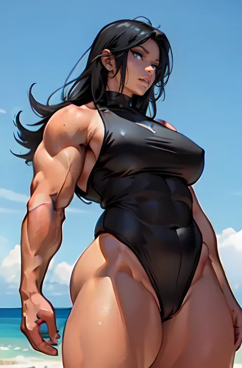 ((((((1 girl)))))), ((((((muscular)))))), ((((chubby physique)))) medium breasts, thick thighs, angry, curvy, black hair, very long hair, solo, dark skin, leotard