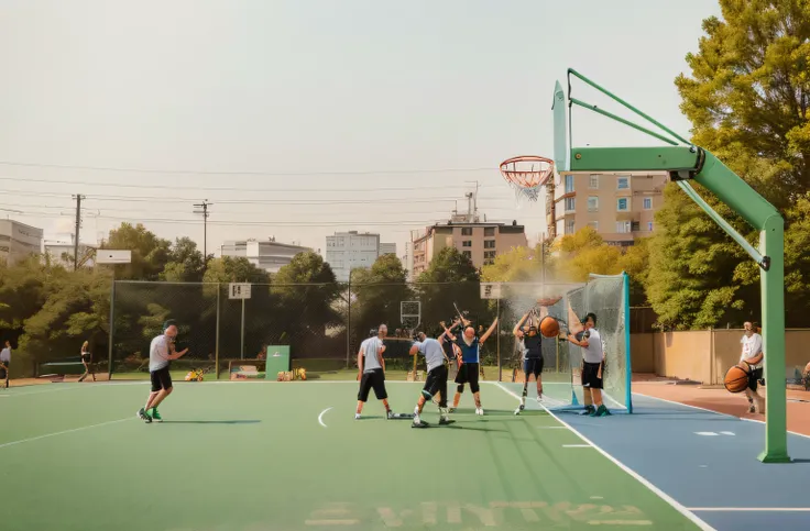 Several people playing basketball on the green court, Playing the Basketball, basketball playground, basketball ball, beautiful afternoon light, Primetime shooting, park in background, On a sunny day, Beautiful Late Afternoon, morning prime time, There is ...