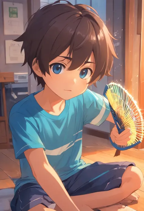 Cute little boy wearing a short-sleeved blue T-shirt, sweating profusely and soaked, holding a folding fan indoors