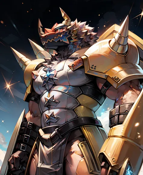 Obras maestras,Arte Oficial,Anthro,masculino,(Wargreymon:1.2),cara delicada,ojos delicados,casco, armadura, cuerno, Digimon, Parte superior del cuerpo, Profundidad de campo, Perfect lighting, light particles,(La mejor calidad),(Obra maestra),(Ultra detalla...